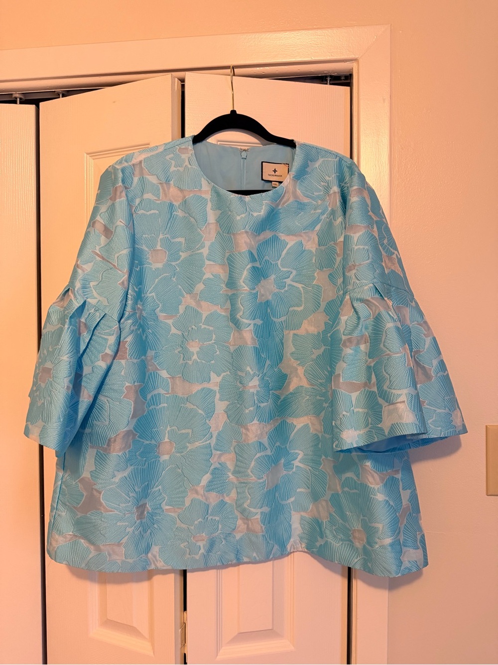 Tuckernuck Sky Blue Floral Jacquard Bell Sleeve Top